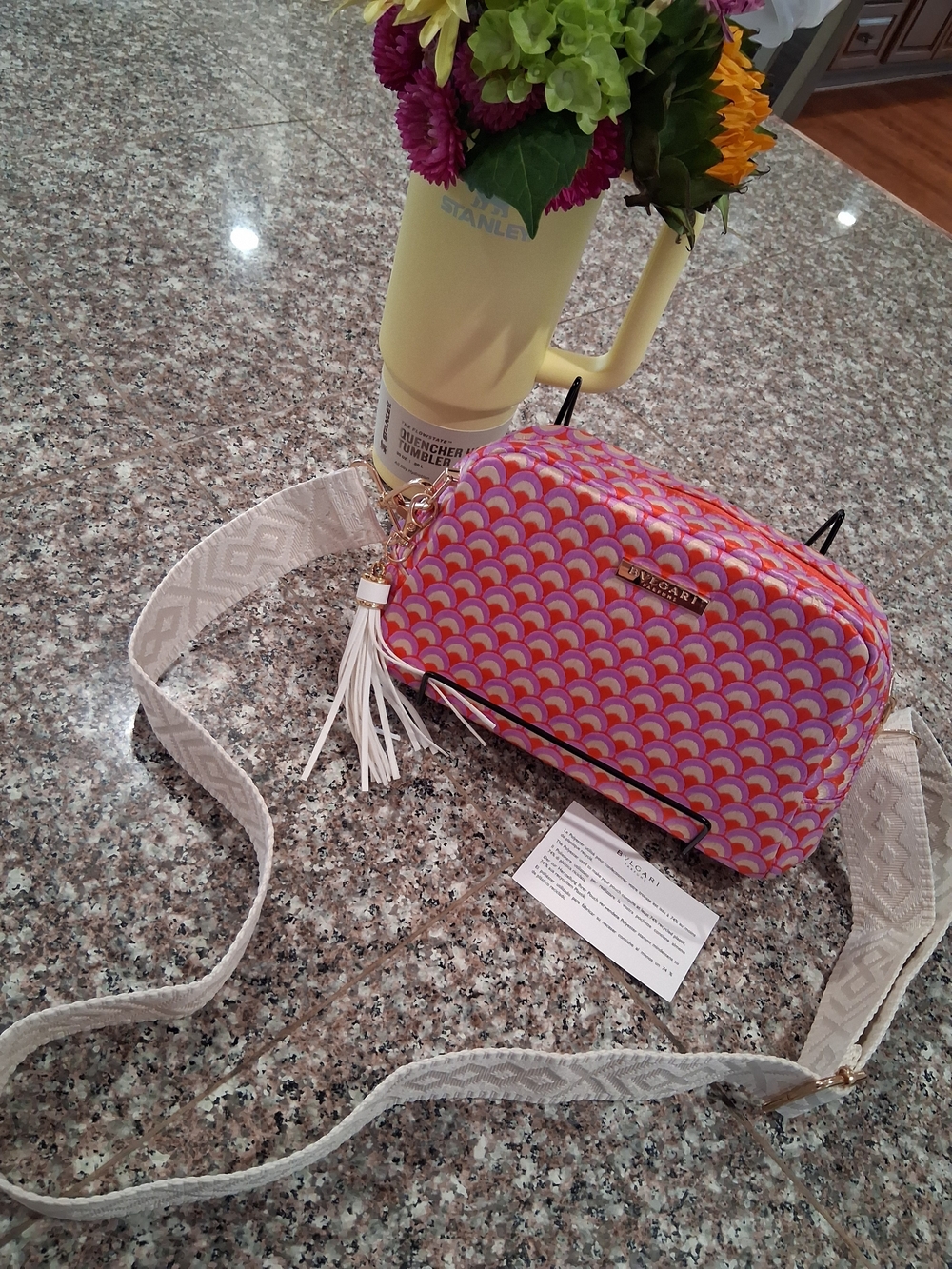 BVLGARI GWP Bright Pink Patterned Crossbody Bag with Cream Strap.Brand New